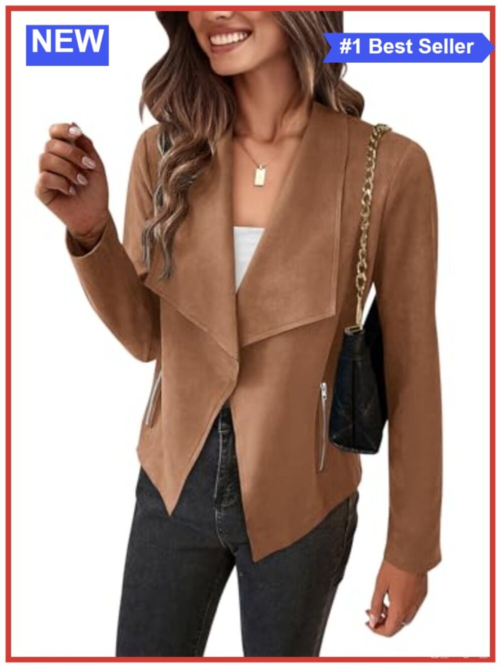 Faux Suede Cropped Jacket Waterfall Collar Open Front Pockets Long Sleeve